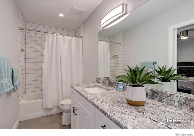 609 Hummer Dr, Nederland, CO 80466 - bathroom with shower / tub combo, vanity, recessed lighting, toilet, and visible vents