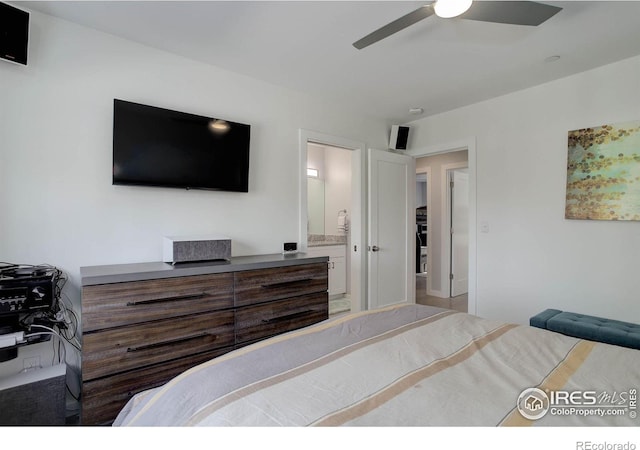 609 Hummer Dr, Nederland, CO 80466 - bedroom with connected bathroom and ceiling fan