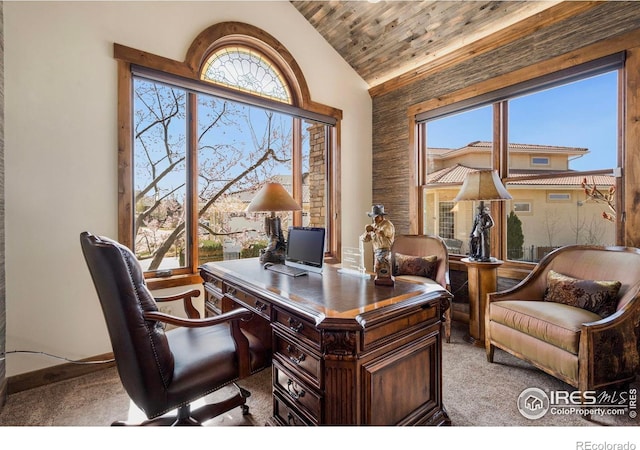 home office featuring carpet floors, baseboards, high vaulted ceiling, and wood ceiling