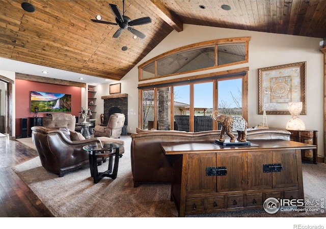 living area featuring high vaulted ceiling, ceiling fan, beamed ceiling, wood ceiling, and wood finished floors
