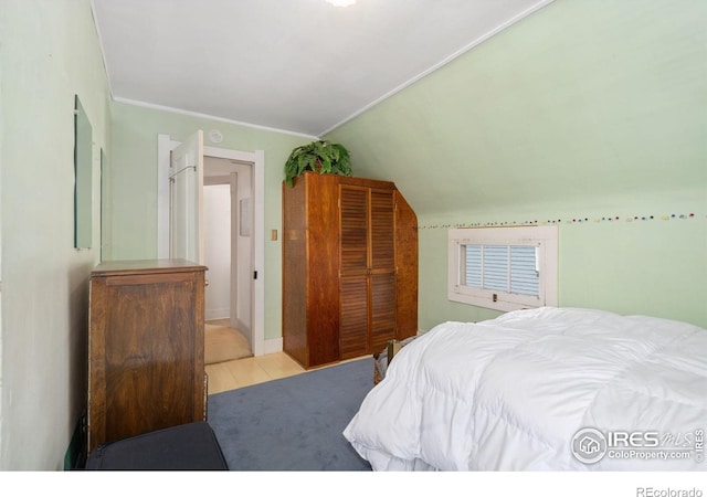 bedroom featuring lofted ceiling