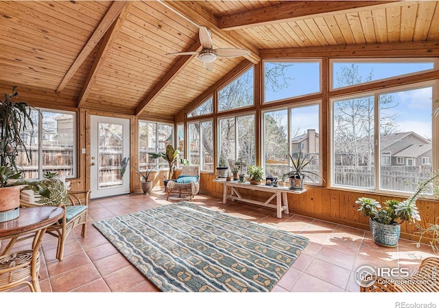 sunroom / solarium with wood walls, tile patterned flooring, and wood ceiling