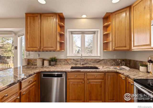 4748 Westbury Dr, Fort Collins, CO 80526 - kitchen with a sink, open shelves, appliances with stainless steel finishes, and a healthy amount of sunlight