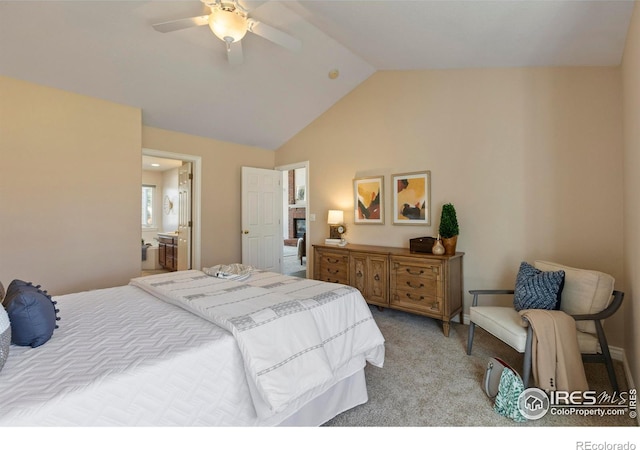 4748 Westbury Dr, Fort Collins, CO 80526 - bedroom with ceiling fan, light colored carpet, ensuite bathroom, and lofted ceiling