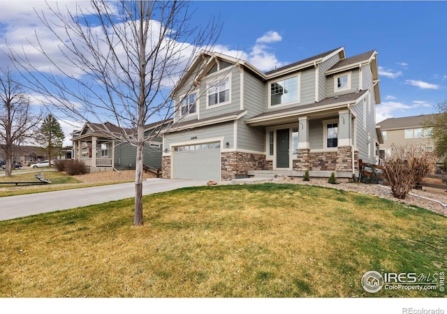 16848 Weber Way, Mead, CO 80542 - craftsman house with stone siding, driveway, an attached garage, covered porch, and a front lawn