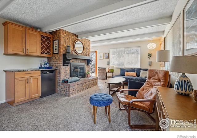 living area featuring a brick fireplace, a textured ceiling, indoor bar, and carpet floors