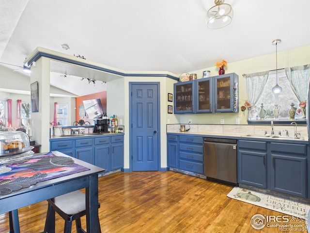 kitchen with a sink, stainless steel dishwasher, plenty of natural light, and dark wood finished floors