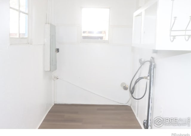 bathroom featuring electric panel and wood finished floors
