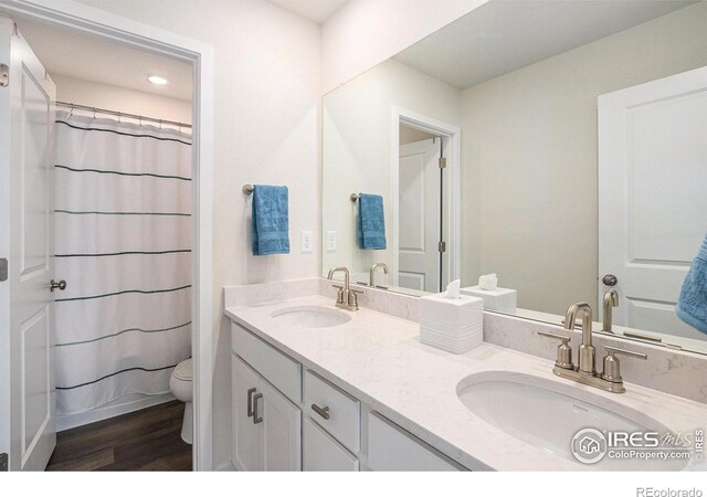 bathroom featuring double vanity, toilet, wood finished floors, and a sink