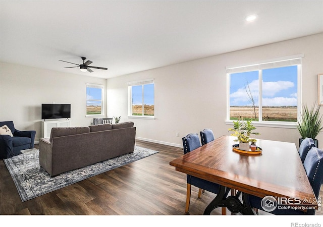 dining space with baseboards, a wealth of natural light, ceiling fan, and wood finished floors
