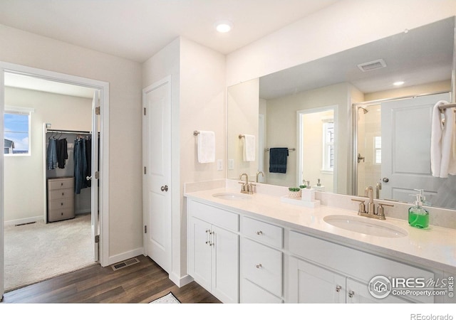 bathroom featuring a shower stall, double vanity, a sink, and wood finished floors