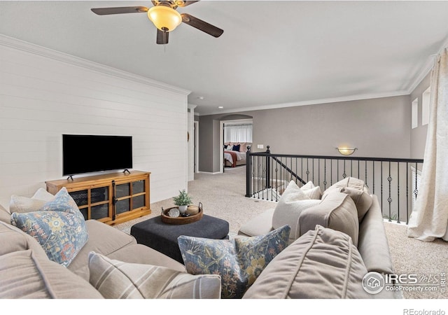 248 Muscovey Ln, Johnstown, CO 80534 - living area featuring crown molding, a ceiling fan, and carpet