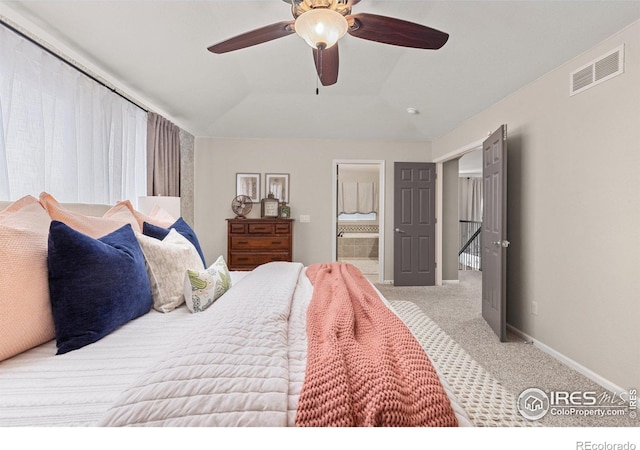 248 Muscovey Ln, Johnstown, CO 80534 - bedroom featuring baseboards, ensuite bath, visible vents, ceiling fan, and carpet