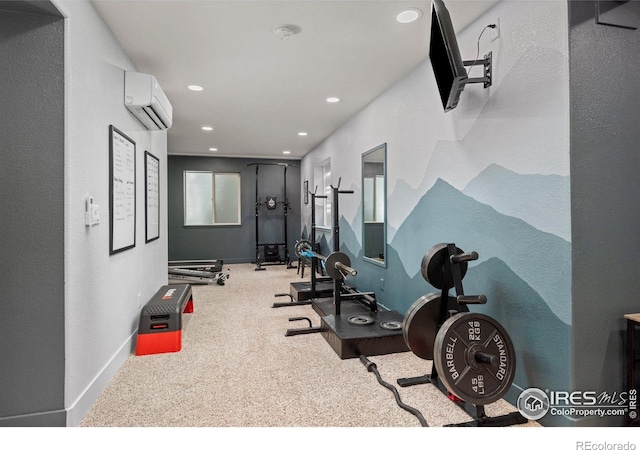 248 Muscovey Ln, Johnstown, CO 80534 - workout area featuring carpet floors, baseboards, an AC wall unit, and recessed lighting