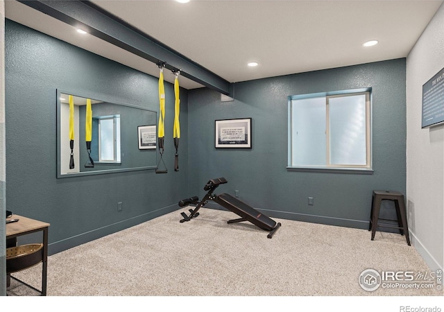 248 Muscovey Ln, Johnstown, CO 80534 - workout room with carpet flooring, baseboards, and recessed lighting