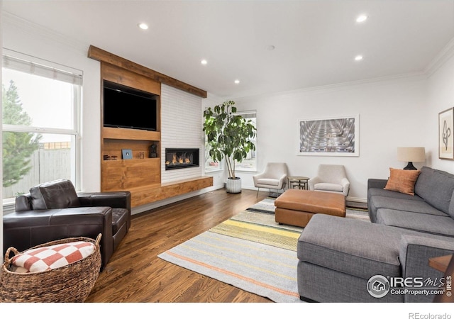 living area with crown molding, wood finished floors, a large fireplace, and recessed lighting