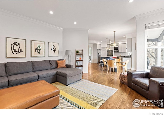 living area with ornamental molding, recessed lighting, wood finished floors, and a healthy amount of sunlight
