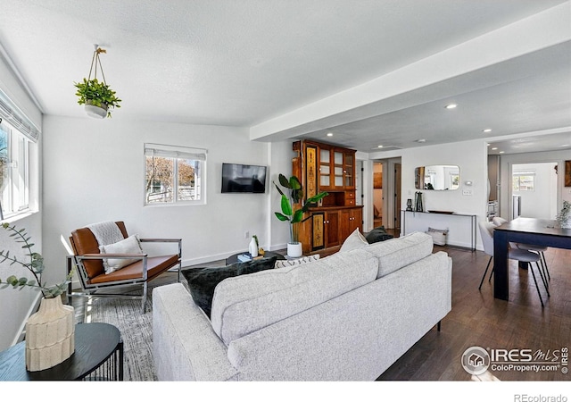 285 Holbrook St, Erie, CO 80516 - living area featuring recessed lighting, dark wood-style floors, and baseboards