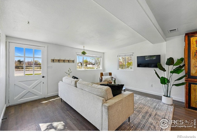 285 Holbrook St, Erie, CO 80516 - living room featuring a textured ceiling, baseboards, dark wood finished floors, and visible vents