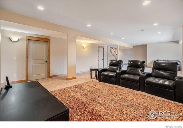 home theater featuring carpet flooring, baseboards, and recessed lighting