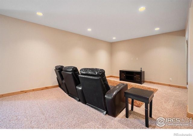 home theater featuring baseboards, carpet, and recessed lighting