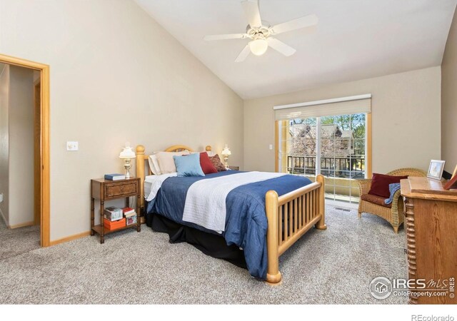 5151 Boardwalk Dr Unit K4, Fort Collins, CO 80525 - bedroom featuring a ceiling fan, access to outside, carpet, and lofted ceiling