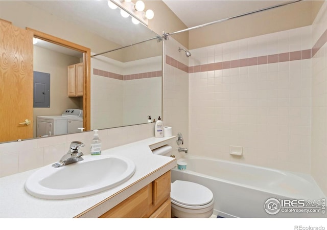 5151 Boardwalk Dr Unit K4, Fort Collins, CO 80525 - full bathroom with bathtub / shower combination, vanity, electric panel, toilet, and washing machine and clothes dryer
