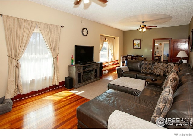 230 Beattie St, Sterling, CO 80751 - living area featuring ceiling fan, plenty of natural light, wood finished floors, and a textured ceiling