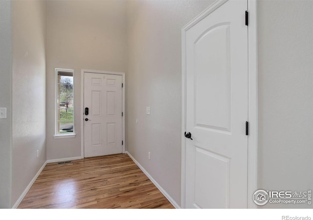 foyer entrance with light wood finished floors and baseboards