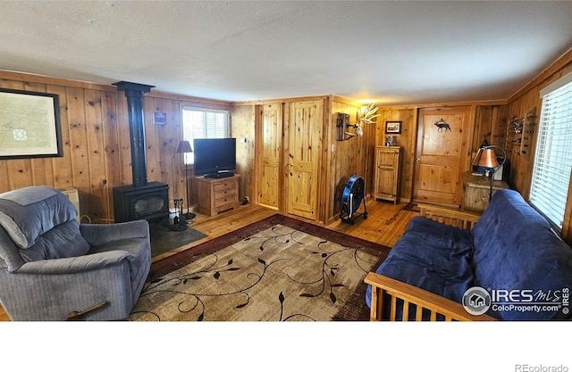 living room featuring wood walls, a wood stove, and wood finished floors