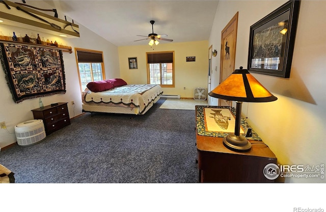 bedroom with carpet, baseboard heating, baseboards, and lofted ceiling