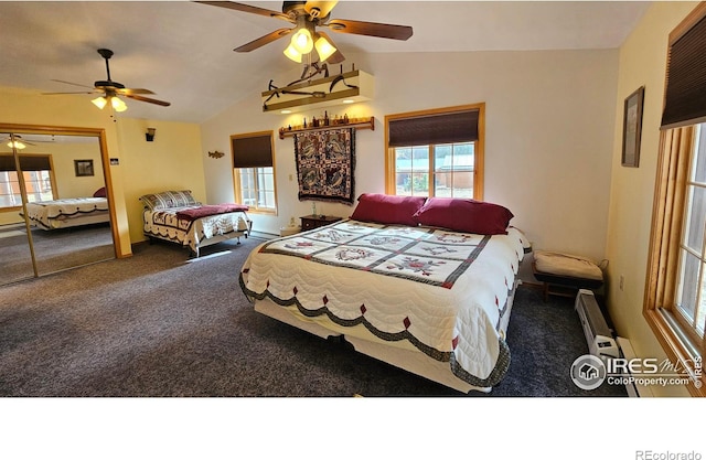 bedroom featuring ceiling fan, vaulted ceiling, and carpet floors