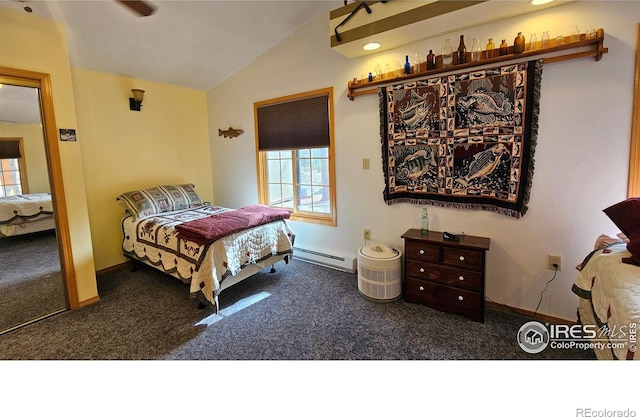 carpeted bedroom featuring baseboards, vaulted ceiling, and baseboard heating