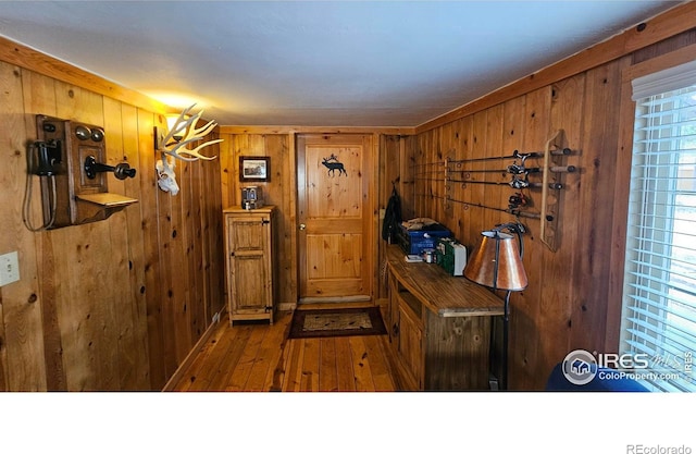 foyer with wooden walls and hardwood / wood-style flooring
