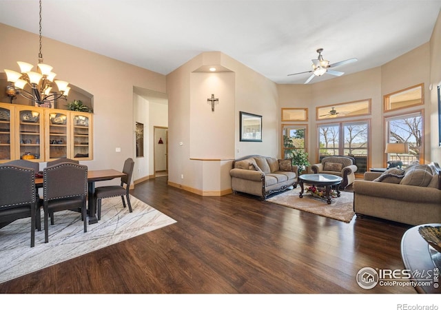 432 Valley View Rd, Loveland, CO 80537 - living room featuring baseboards, wood finished floors, and ceiling fan with notable chandelier