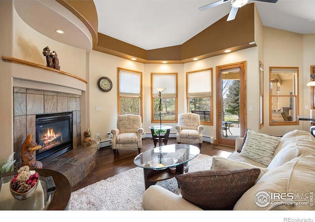 432 Valley View Rd, Loveland, CO 80537 - living room with a baseboard radiator, wood finished floors, and a fireplace