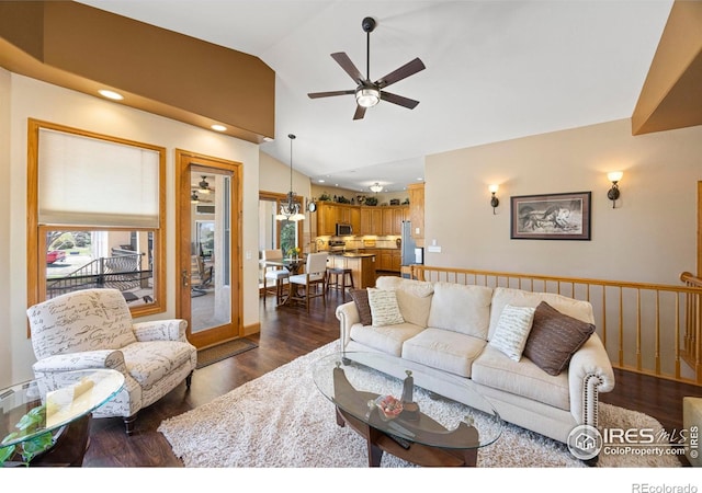 432 Valley View Rd, Loveland, CO 80537 - living area with recessed lighting, vaulted ceiling, a ceiling fan, and dark wood-style flooring