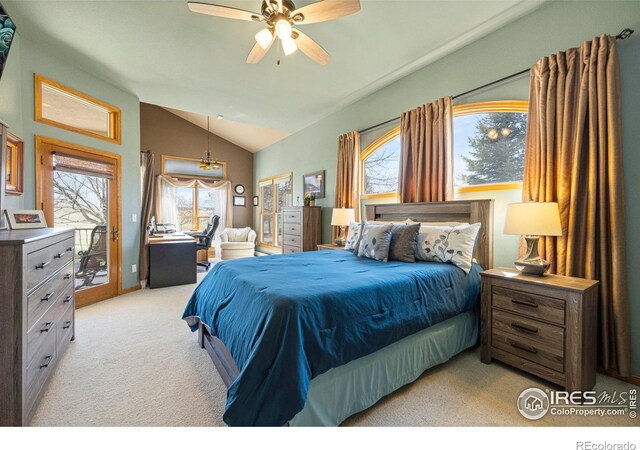 432 Valley View Rd, Loveland, CO 80537 - bedroom with vaulted ceiling, a ceiling fan, light colored carpet, and access to outside