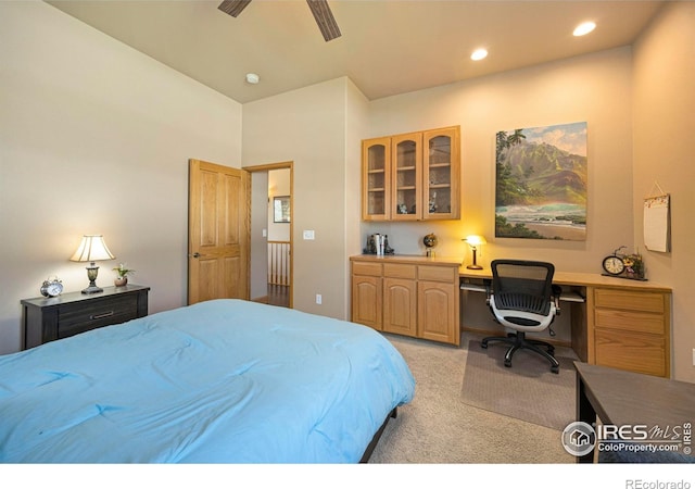 432 Valley View Rd, Loveland, CO 80537 - bedroom with light colored carpet, ceiling fan, and recessed lighting