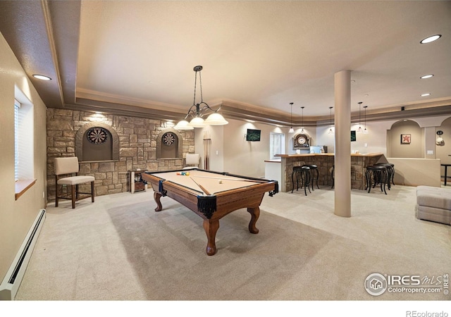 432 Valley View Rd, Loveland, CO 80537 - playroom featuring bar area, pool table, baseboard heating, ornamental molding, and carpet floors