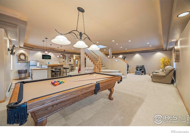 432 Valley View Rd, Loveland, CO 80537 - playroom featuring billiards, a raised ceiling, carpet floors, baseboards, and indoor wet bar