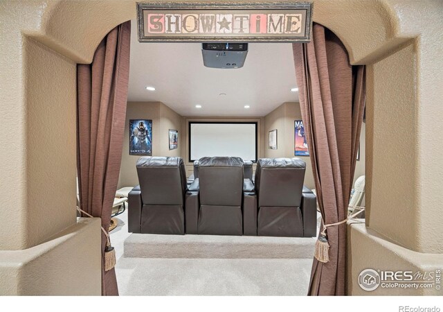 432 Valley View Rd, Loveland, CO 80537 - carpeted home theater room with a textured wall and recessed lighting