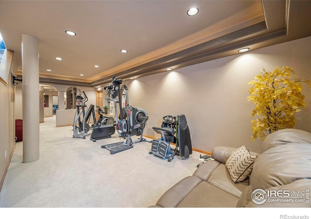 432 Valley View Rd, Loveland, CO 80537 - workout area with arched walkways, carpet floors, recessed lighting, and a tray ceiling