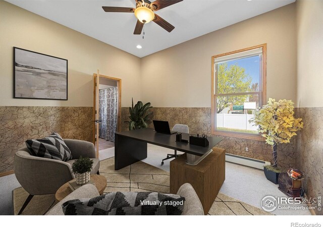 432 Valley View Rd, Loveland, CO 80537 - office featuring recessed lighting, a ceiling fan, light carpet, a baseboard heating unit, and wainscoting