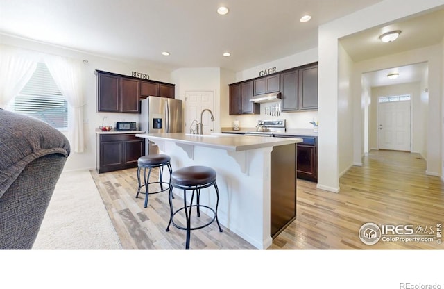 3712 Daylily St, Wellington, CO 80549 - kitchen featuring light wood-type flooring, light countertops, under cabinet range hood, a breakfast bar area, and appliances with stainless steel finishes