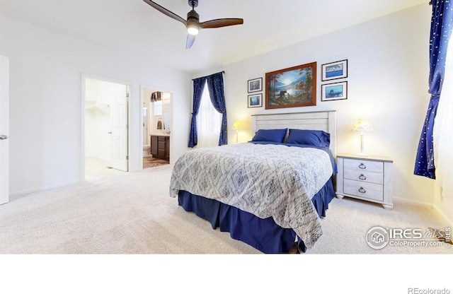 3712 Daylily St, Wellington, CO 80549 - bedroom featuring ensuite bathroom, light colored carpet, and a ceiling fan
