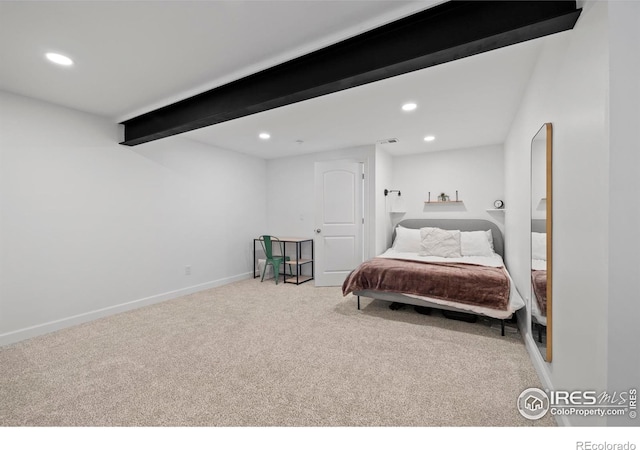 carpeted bedroom with beamed ceiling, baseboards, and recessed lighting
