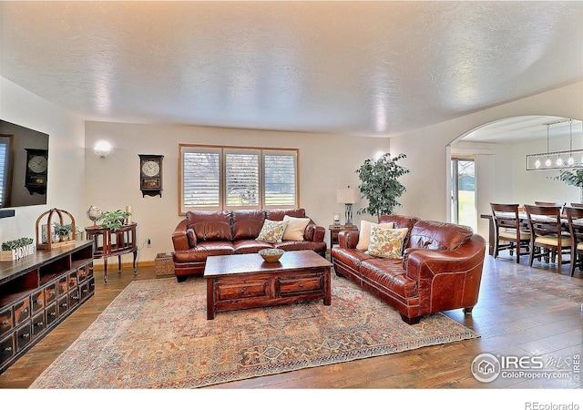 living room with arched walkways and wood finished floors
