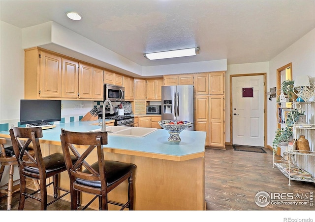 kitchen with light countertops, appliances with stainless steel finishes, light brown cabinetry, wood finished floors, and a toaster