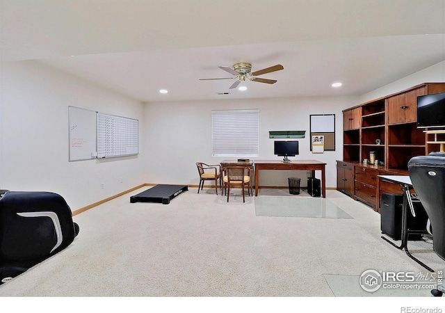 office area featuring light carpet, baseboards, a ceiling fan, and recessed lighting